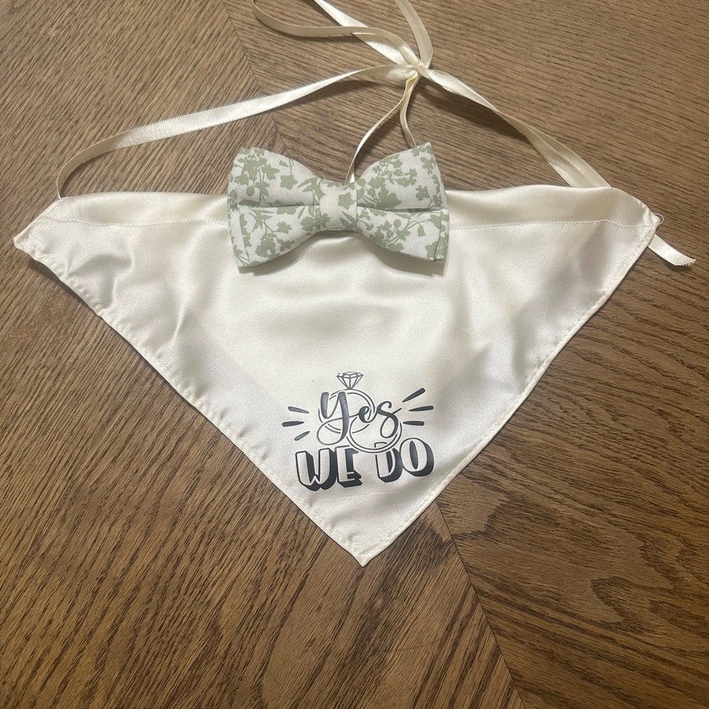 Handmade Boy Dog Sage & Ivory Cream Wedding Bow Tie Bandanna. Super Cute!!